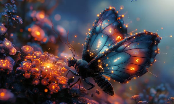 Mystical butterfly with glowing wings on flowers. Selective focus.