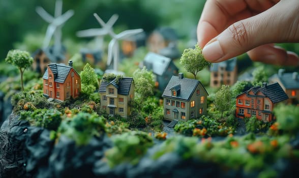 Hands making a miniature model of a cityscape with wind turbines, green energy. Selective focus.