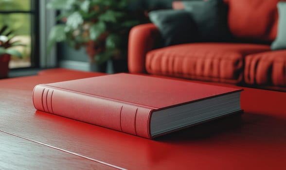 3d red book with blank cover on red background. Selective focus.