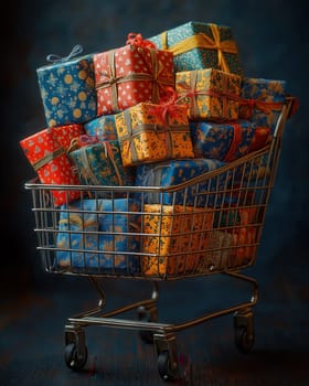 Shopping cart filled with beautifully wrapped gifts. Selective focus.