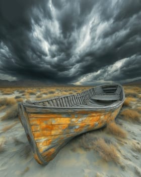 Abandoned boat falling apart in the desert against the backdrop of thunderclouds. Selective focus.