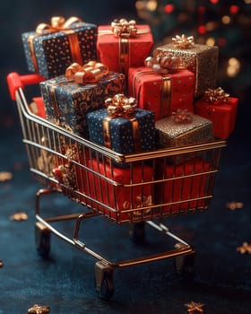 Shopping cart filled with beautifully wrapped gifts. Selective focus.