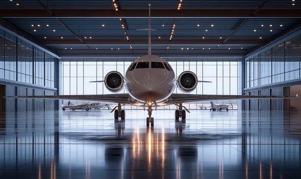 Airplane in hangar before technical inspection. Selective focus.