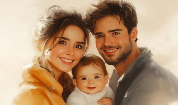 Illustration of happy parents with a child. Selective focus.