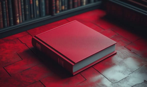 3d red book with blank cover on red background. Selective focus.