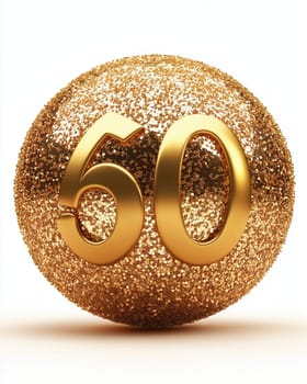 Golden ball with the number 50 on a white background. Selective focus.