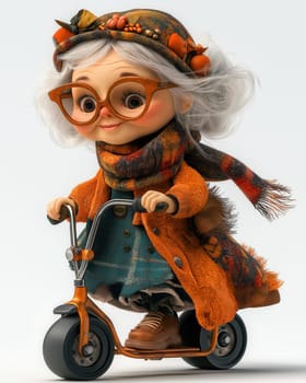 Cartoon elderly woman in stylish clothes riding a roller, on a white background. Selective focus.