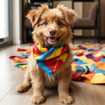 Dog with a yellow bandana on its neck is smiling and looking at the camera. The image has a cheerful and playful mood, as the dog appears to be enjoying its time and is happy to be photographed