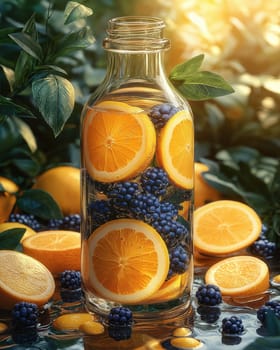 Glass bottle with drink filled with orange slices, berries. Selective focus.