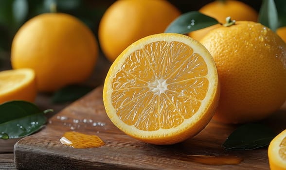 A juicy cut orange lies on a wooden board. Selective focus.