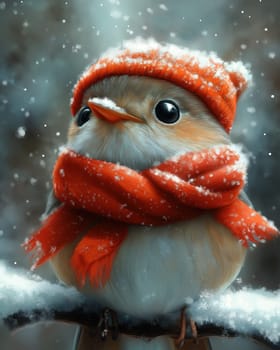 Illustration with a small bird in a hat on a snowy landscape. Selective focus.
