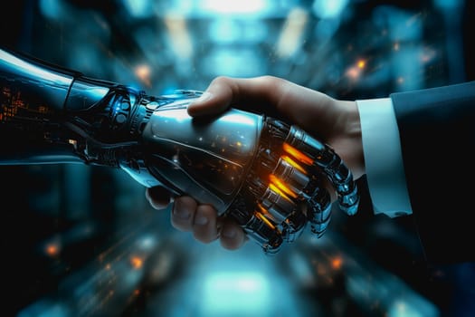 Robotic and human handshake representing AI-human cooperation in a futuristic digital world.