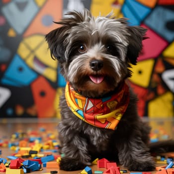 Dog with a yellow bandana on its neck is smiling and looking at the camera. The dog appears to be happy and content