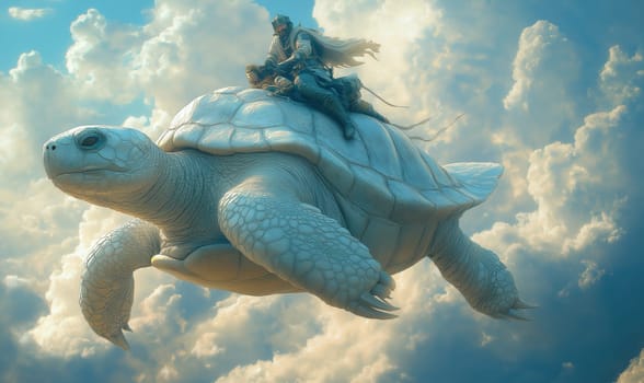 Fantasy flying huge turtles with riders. Selective focus.