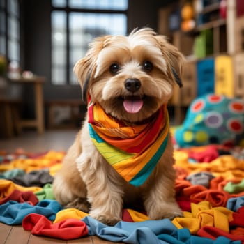 Dog with a yellow bandana on its neck is smiling and looking at the camera. The image has a cheerful and playful mood, as the dog appears to be enjoying its time and is happy to be photographed