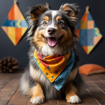 Dog with a yellow bandana on its neck is smiling and looking at the camera. The dog appears to be happy and content