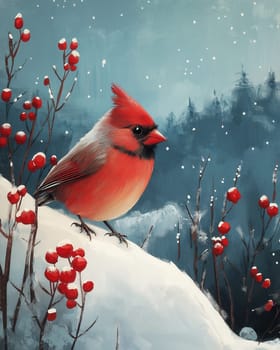 Illustration with a small bird in a hat on a snowy landscape. Selective focus.