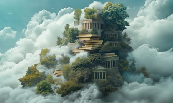 Abstract painting with books rising in stacks into the clouds, a symbol of knowledge and education. Selective focus.