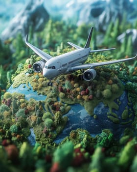 Airplane flying around the earth, concept of traveling around the world. Selective focus.