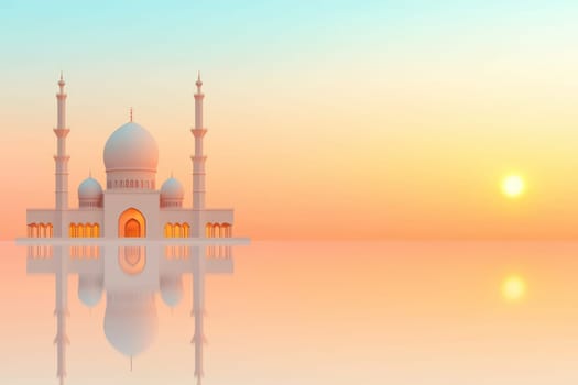 minimalist mosque illustration with serene sunset backdrop.