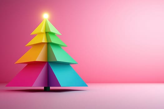 Vibrant 3D Christmas tree with colorful layers against pink background.