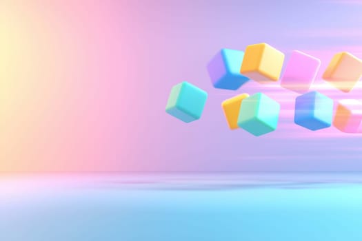 Bouncing colorful cubes create vibrant and dynamic scene.