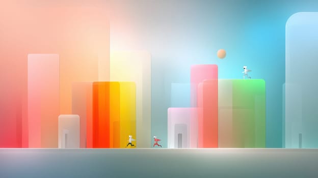 vibrant composition featuring abstract figures in colorful landscape.