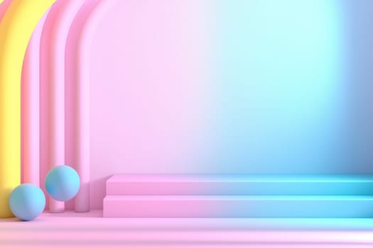 vibrant scene featuring colorful arches and spheres, creating playful atmosphere.