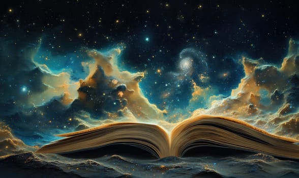 Illustration with magic around an open book carrying information. Selective focus.