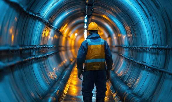 A worker in work gear walks through a dimly lit tunnel illuminated by orange lights. Selective focus.