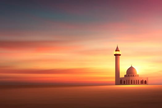Minimalist mosque illustration with simple clean lines at sunset.
