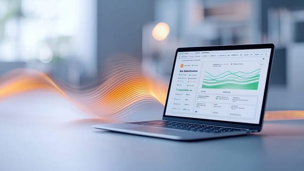 sleek laptop displaying data analytics on minimalist desktop setup.