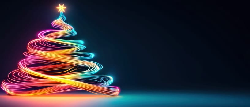 vibrant, abstract Christmas tree made of flowing lights shines brightly.