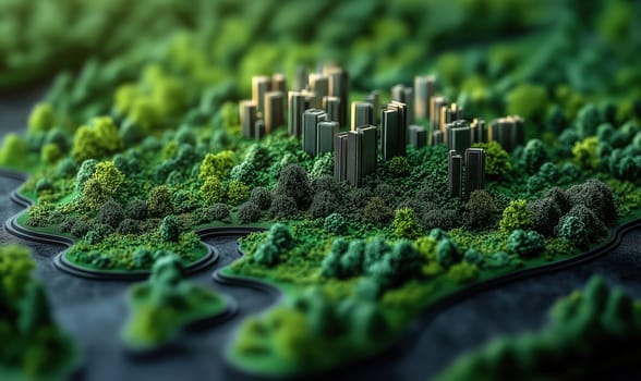 Miniature model of a city landscape with a green landscape, harmonious balance. Selective focus.