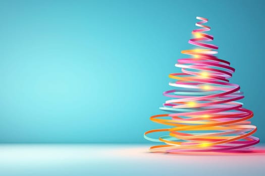 Colorful abstract Christmas tree with swirling ribbons and lights.
