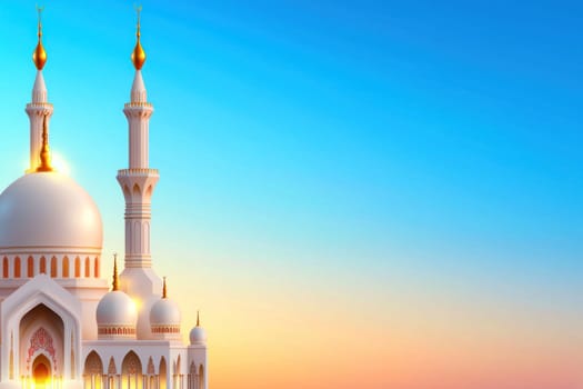 stunning mosque with intricate architecture against vibrant sunset sky.