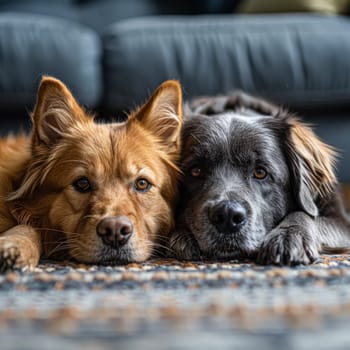 Two dogs are laying on a rug, one is brown and the other is black. They are looking at the camera with their eyes wide open