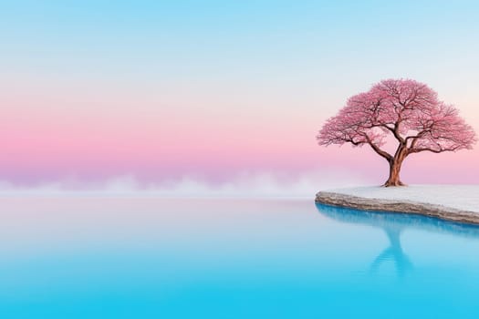 serene landscape featuring tranquil lake and pink tree at dawn.