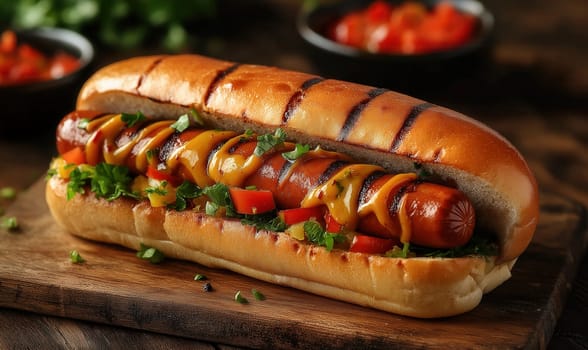 Juicy hot dog with fresh filling on a wooden board. Selective focus.
