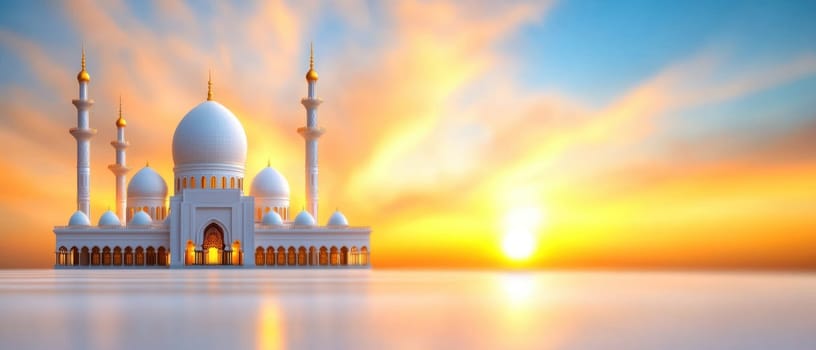stunning mosque at sunrise, showcasing intricate architecture and vibrant colors.