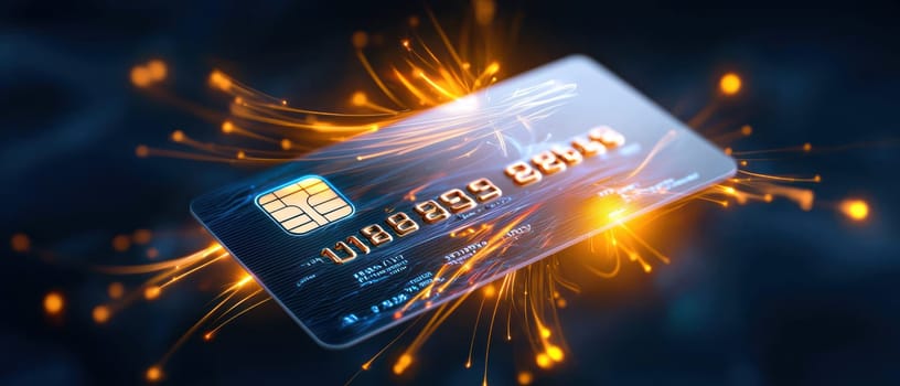 holographic credit card spins in mid air, showcasing its vibrant design and technology.
