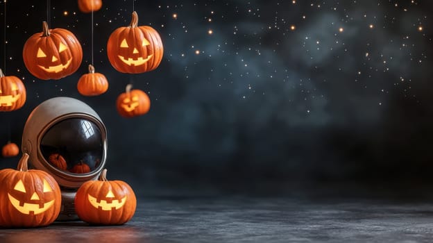 Spooky astronaut with glowing pumpkins in cosmic setting.