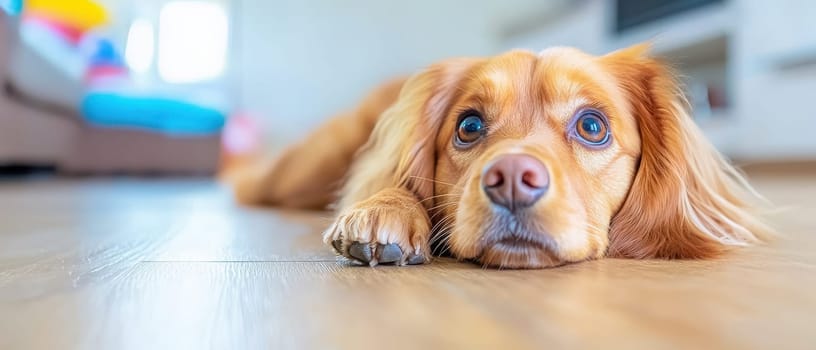 golden retriever dog lying on wooden floor, looking curiously.
