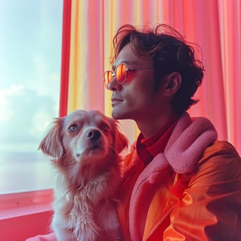 Man in a yellow jacket is holding a dog. The dog is wearing a collar and leash. The man and dog are standing next to a colorful wall