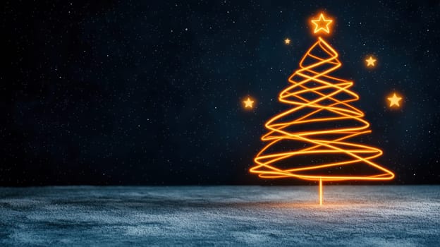 glowing geometric Christmas tree with stars shines brightly in night sky.