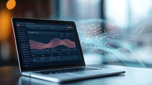 sleek laptop displaying data analytics with vibrant visualizations.