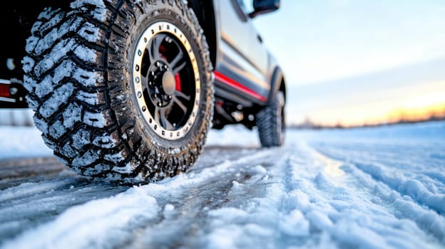 Close up of pickup truck tire on snowy road, showcasing rugged tread.
