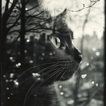 Black cat with a bright green eye stares out of a window. The image has a moody, mysterious feel to it, as if the cat is looking out into the unknown. The contrast between the dark cat