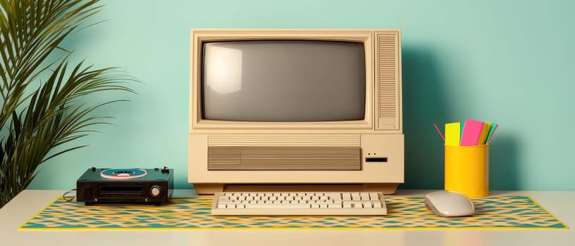 retro workspace with vintage computer and colorful accessories.