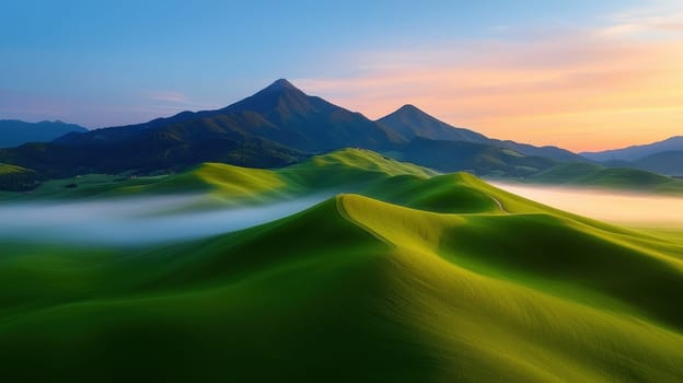breathtaking view of rolling green hills under colorful sky at dawn.